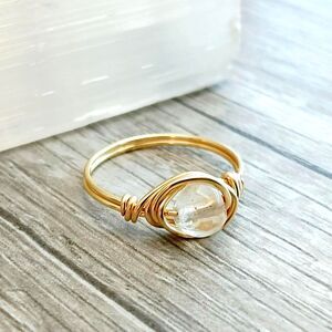 Dainty Clear Quartz Crystal Beaded Ring, Stackable Gemstone Wire Ring, Size 7.5